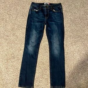 Cabi Dark Wash Distressed Paint Splattered High Rise zipper Fly Straight…